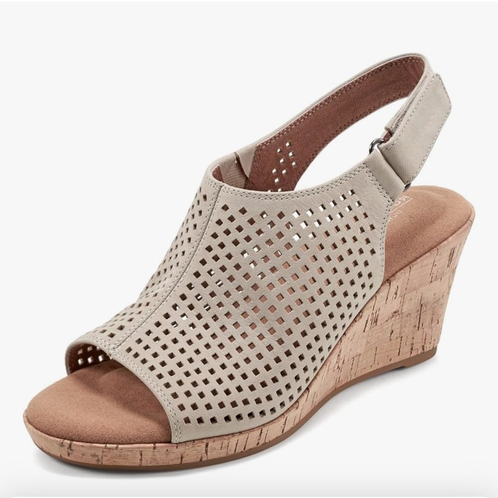 • Rockport • EUC • Women's Briah Perf Sling Wedge Sandal • Taupe Leather • 9